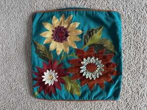 Pier 1 Imports Teal Embroidered 3D Floral Appliqué Throw Pillow Cover 18x18